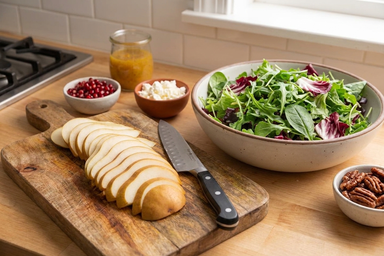 Thinly sliced pears on a wooden cutting board next to a bowl of mixed greens, ready for salad assembly