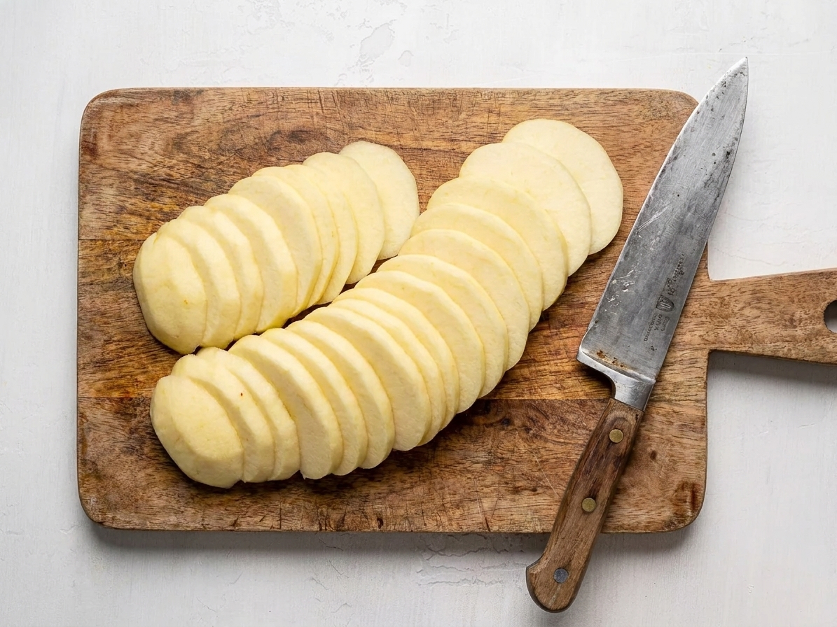 Thinly sliced peeled apples fanned out on a wooden cutting board beside a chef's knife