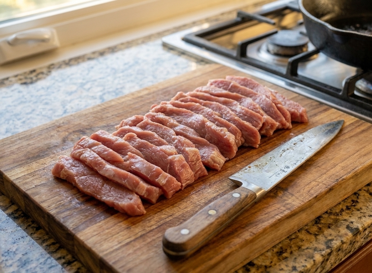 Thinly sliced pork tenderloin arranged in neat strips on a cutting board with a chef’s knife beside it