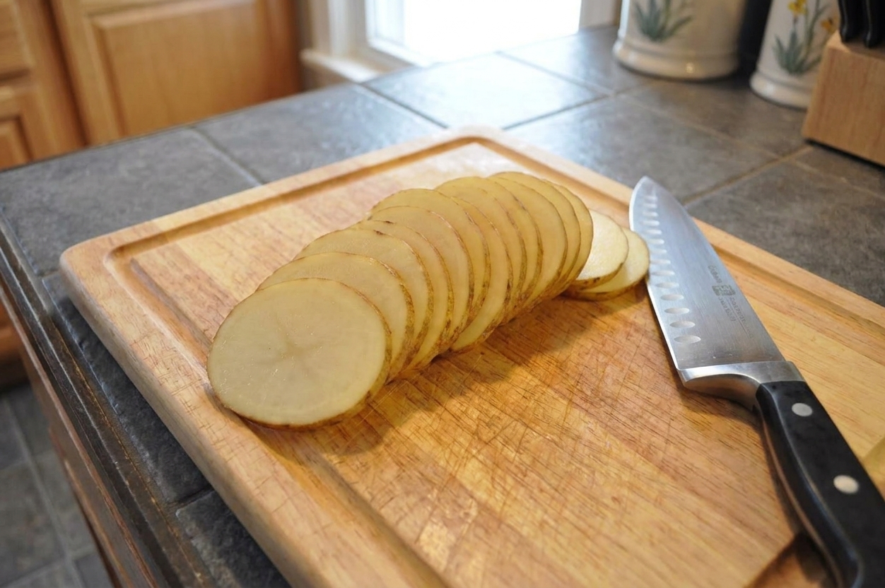 Thinly sliced potato rounds fanned out on a wooden cutting board beside a chef’s knife