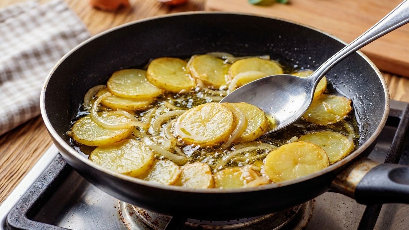 Thinly sliced potatoes and onions gently bubbling in olive oil in a nonstick skillet on a stove, spoon stirring through