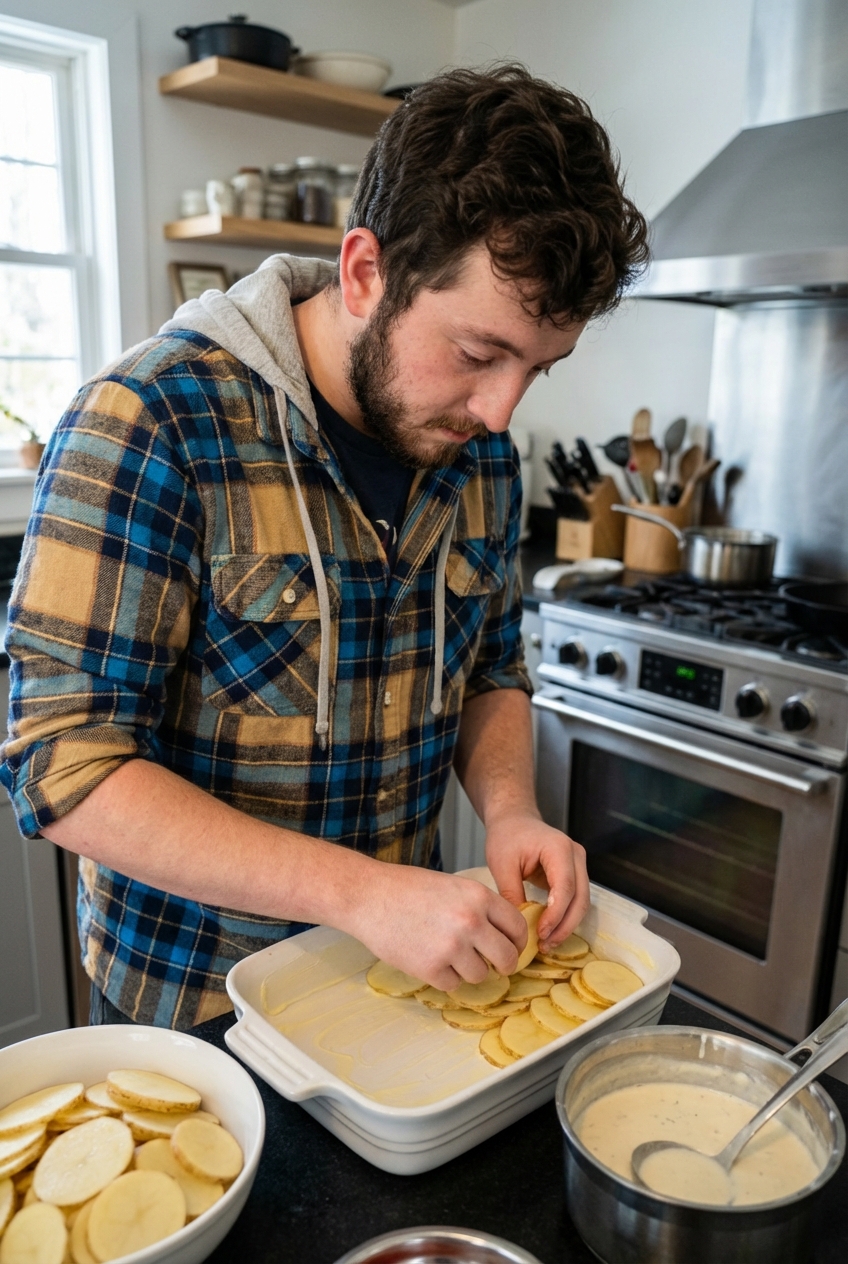 Thinly sliced potatoes being layered in a buttered casserole dish with cream sauce nearby