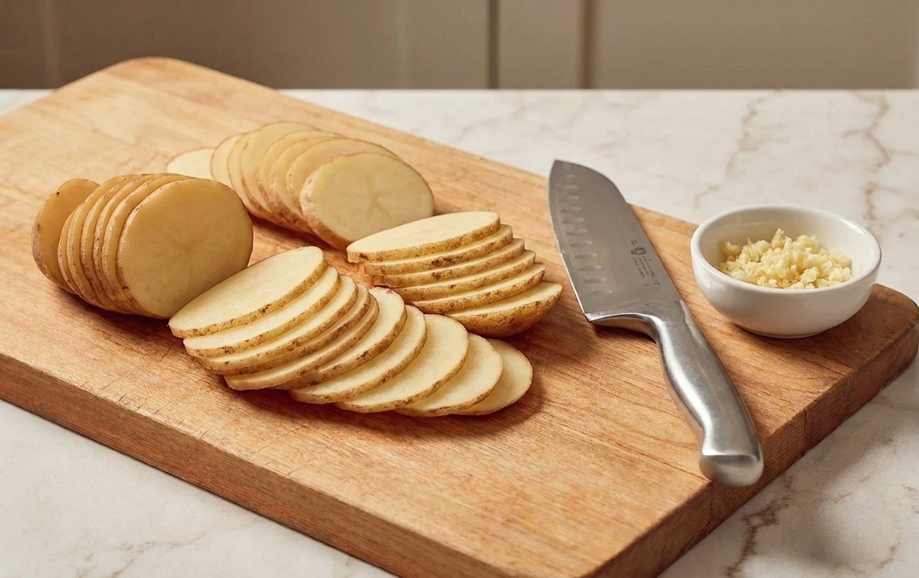 Thinly sliced potatoes fanned on a wooden cutting board next to a chef’s knife and a small bowl of minced garlic on a kitchen counter