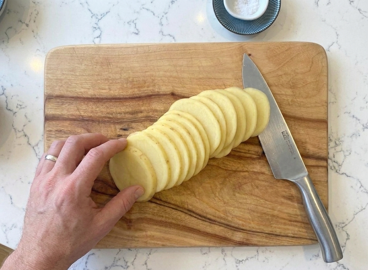 Thinly sliced potatoes fanned out on a wooden cutting board beside a chef's knife on a bright kitchen counter