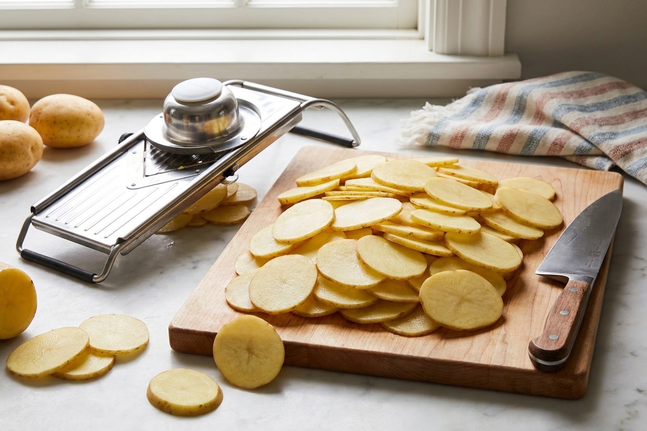 Thinly sliced potatoes on a cutting board next to a mandoline slicer and a chef's knife on a bright kitchen counter
