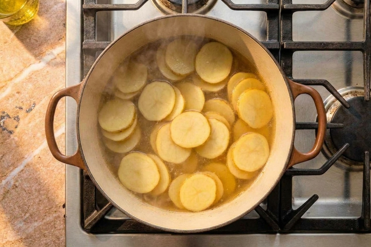 Thinly sliced potatoes simmering in a pot of broth on the stove, with steam rising