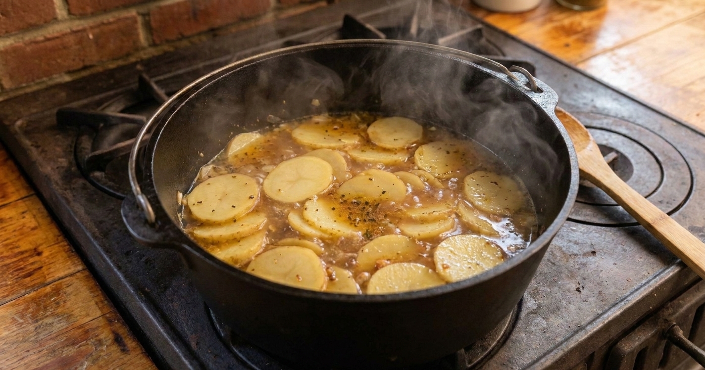 Thinly sliced potatoes simmering in a savory broth in a Dutch oven with steam rising