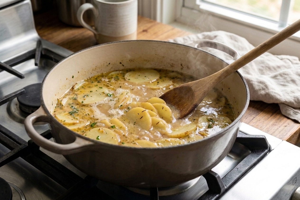 Thinly sliced potatoes simmering in a savory broth inside a large pot