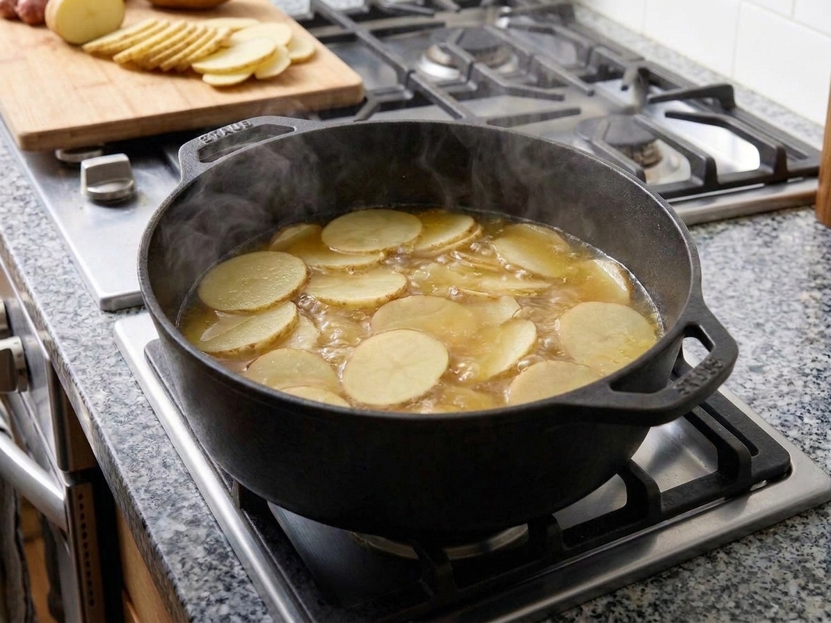 Thinly sliced potatoes simmering in chicken broth in a large pot on the stove