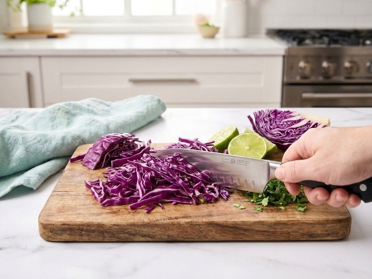 Thinly sliced purple cabbage piled on a cutting board with a chef’s knife beside it, mid-prep in a bright home kitchen
