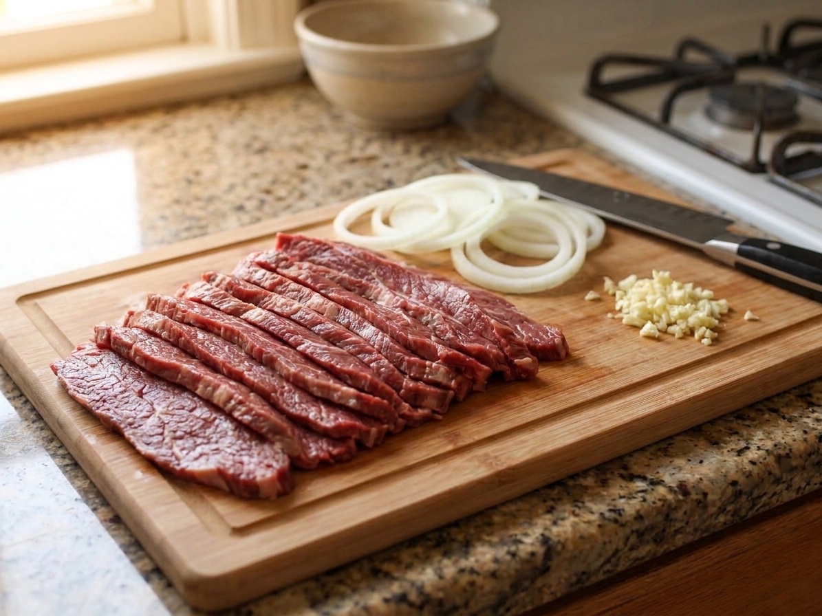 Thinly sliced raw beef on a cutting board beside sliced onion rings and minced garlic, ready for cooking on a kitchen counter