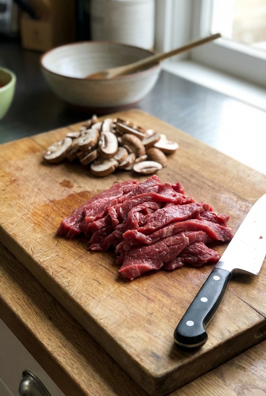 Thinly sliced raw beef on a cutting board with a knife and a small pile of sliced mushrooms beside it