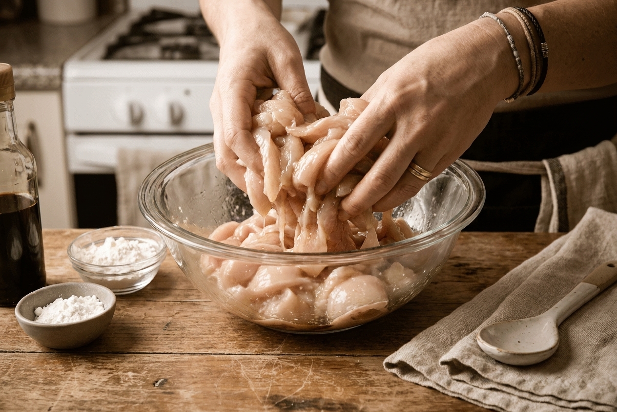 Thinly sliced raw chicken in a mixing bowl being tossed with cornstarch and soy sauce until lightly coated
