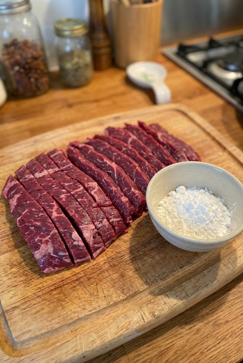 Thinly sliced raw flank steak on a cutting board with a small bowl of cornstarch nearby