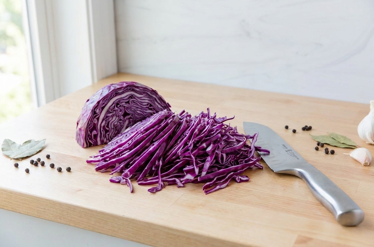Thinly sliced red cabbage piled on a cutting board with a chef's knife beside it
