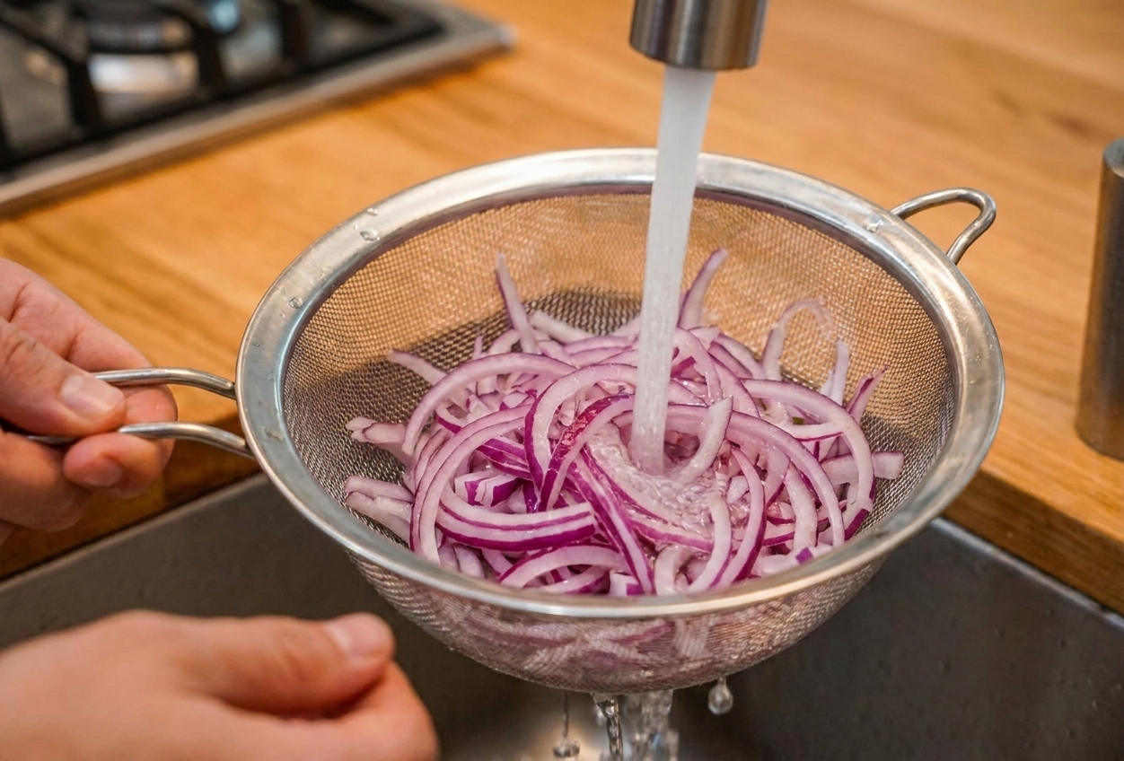 Thinly sliced red onion being rinsed in a fine mesh strainer under cold running water at a kitchen sink
