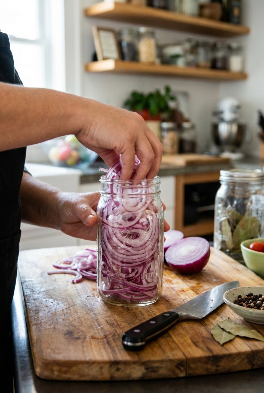 Thinly sliced red onions being packed into a glass jar on a cutting board