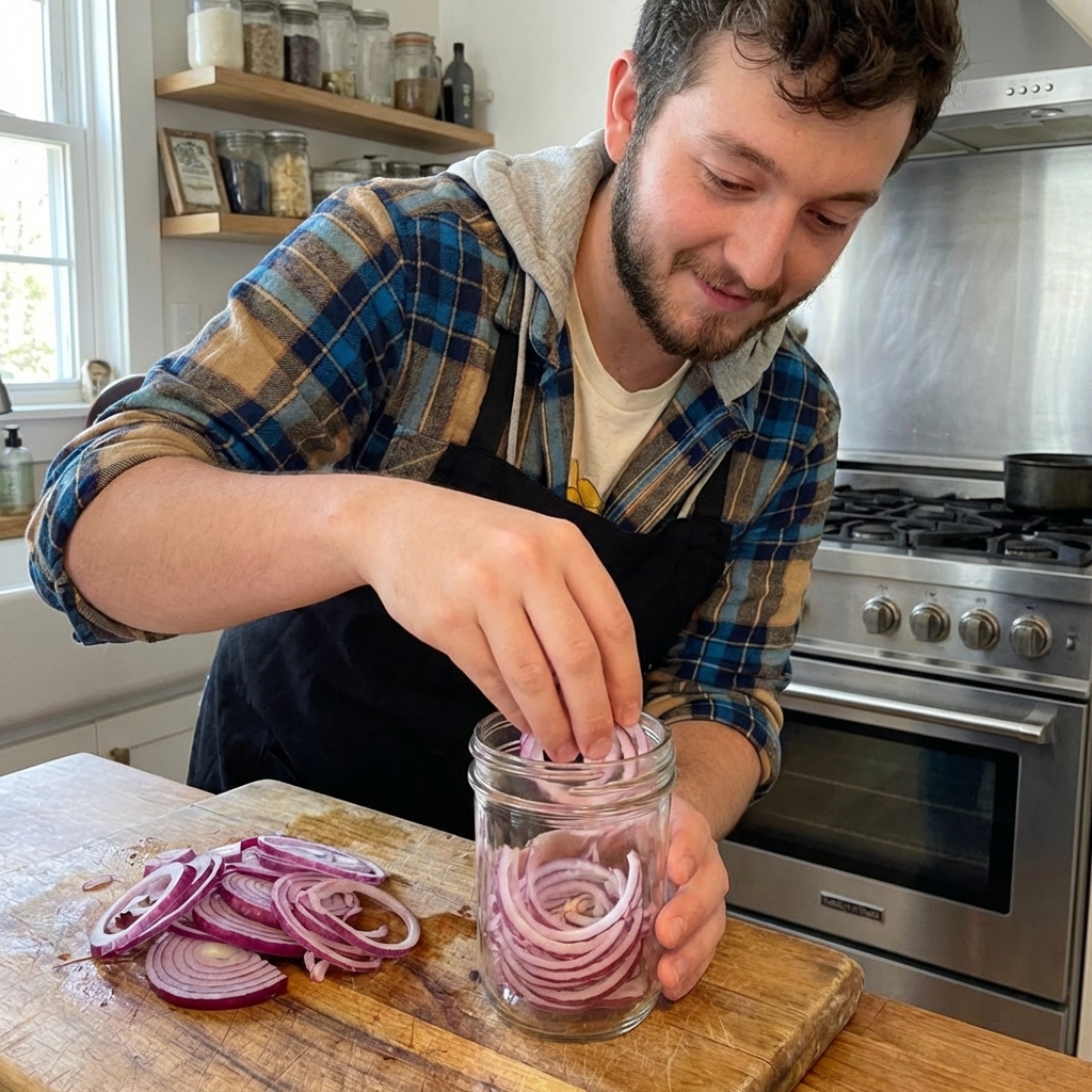 Thinly sliced red onions being placed into a clean glass jar on a wooden cutting board