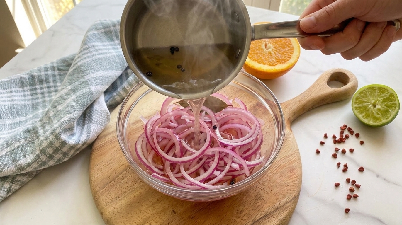Thinly sliced red onions in a glass bowl being covered with warm vinegar brine on a kitchen counter