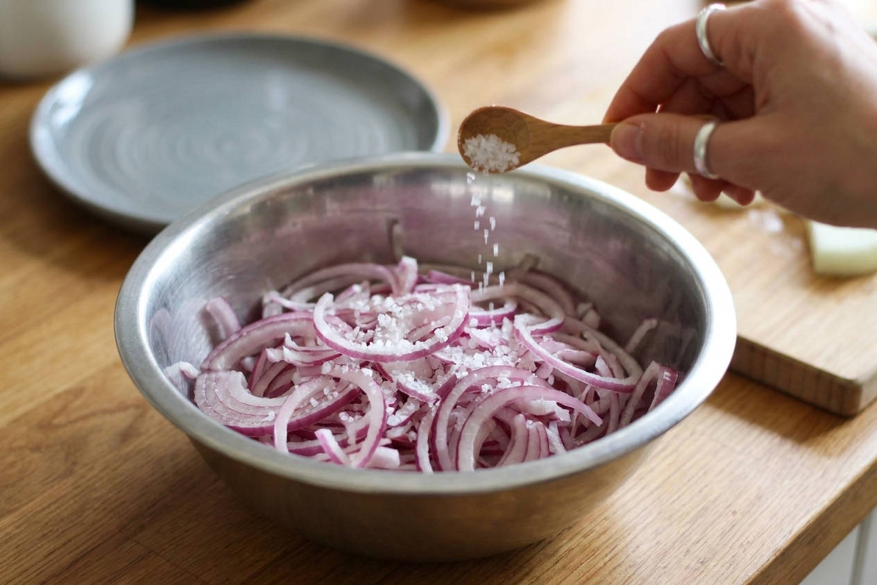 Thinly sliced red onions in a stainless steel mixing bowl on a kitchen counter with salt sprinkled over them