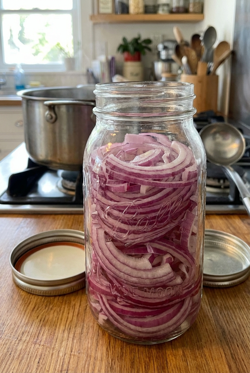 Thinly sliced red onions packed into a glass jar, ready for hot brine