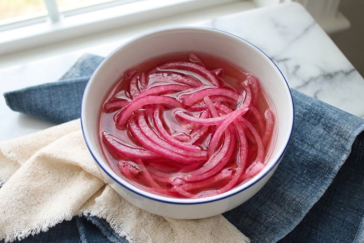Thinly sliced red onions soaking in a vinegar mixture in a small bowl on a kitchen counter