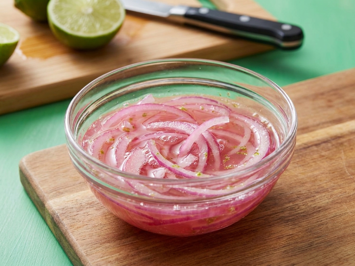 Thinly sliced red onions soaking in lime juice in a small glass bowl on a kitchen counter