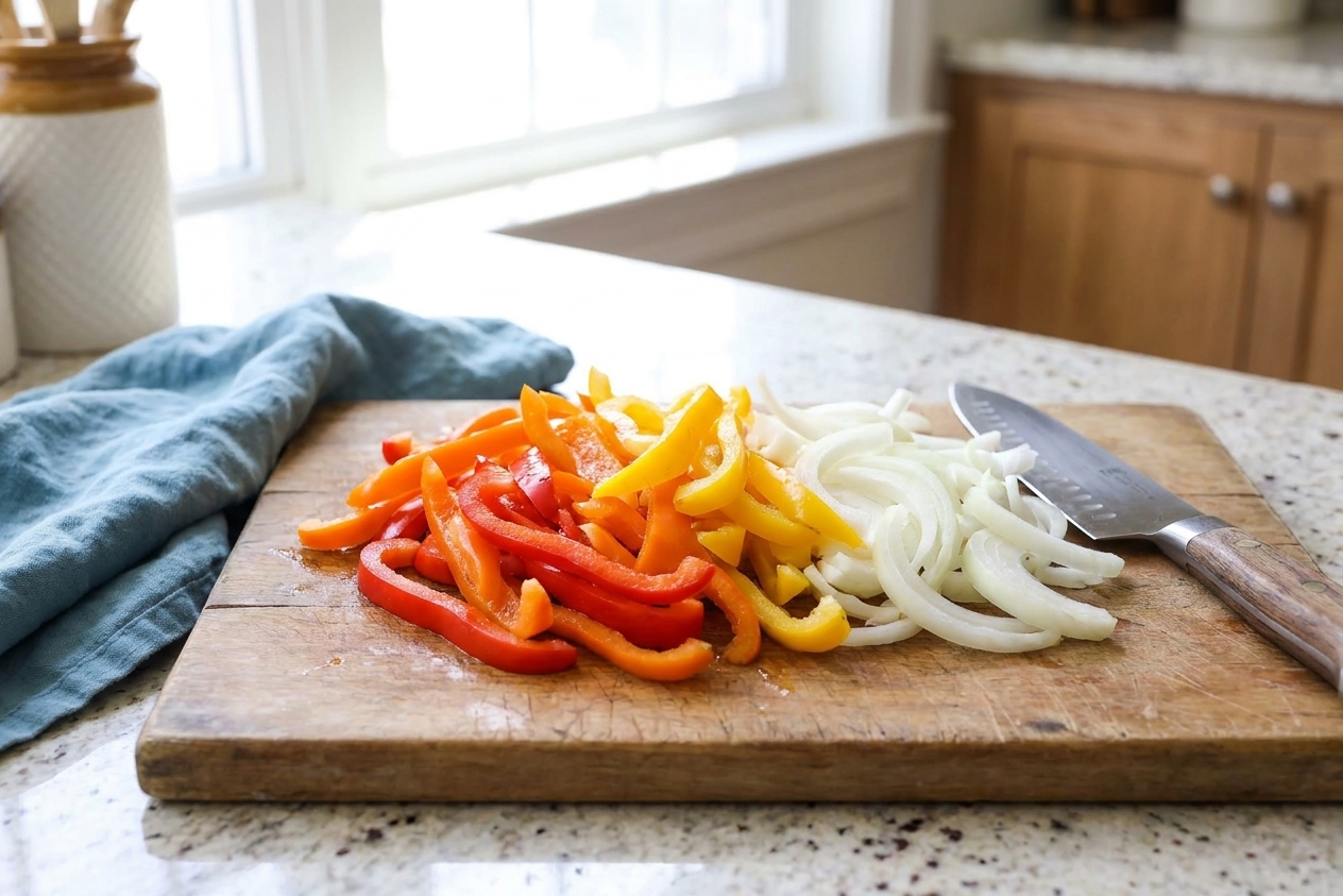 Thinly sliced red, orange, and yellow bell peppers and sliced onion piled on a wooden cutting board with a chef's knife nearby