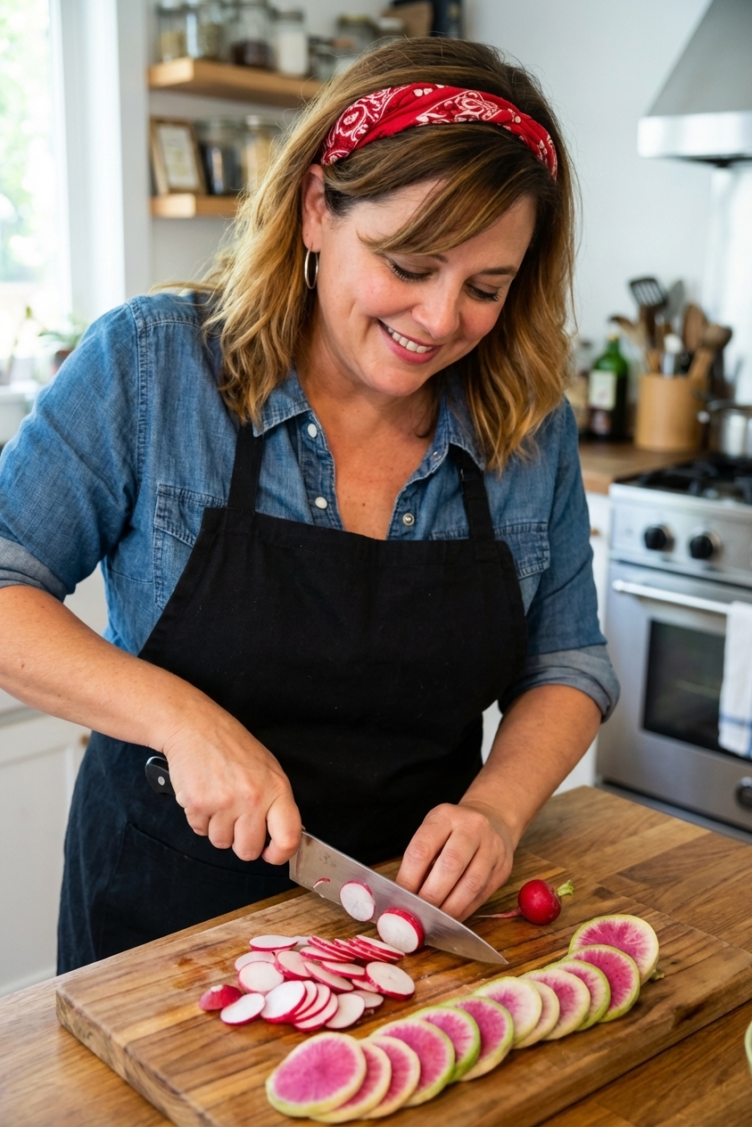 Thinly sliced red radishes and watermelon radishes on a cutting board with a chef's knife