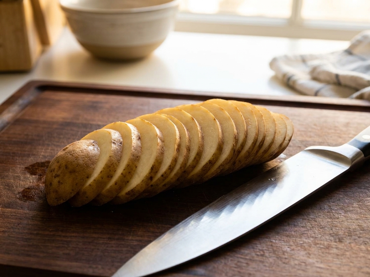 Thinly sliced russet potatoes fanned out on a cutting board with a chef's knife on a bright kitchen counter