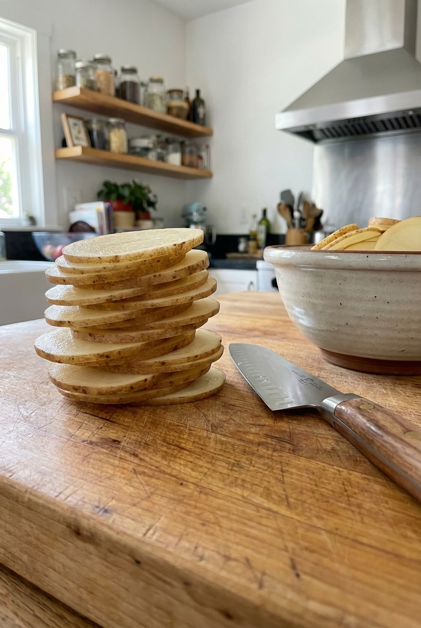 Thinly sliced russet potatoes stacked on a cutting board next to a knife and a bowl