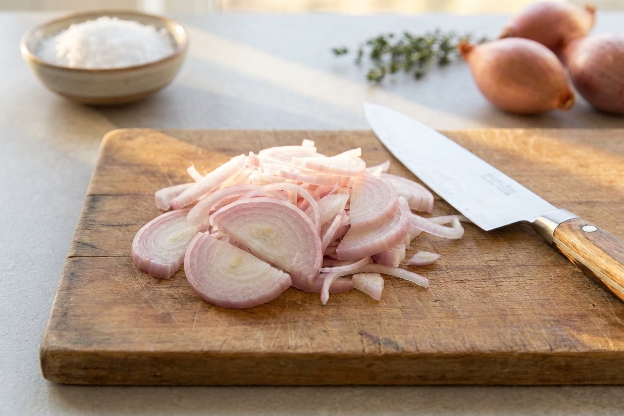 Thinly sliced shallots in neat rings on a wooden cutting board beside a chef's knife, warm kitchen lighting