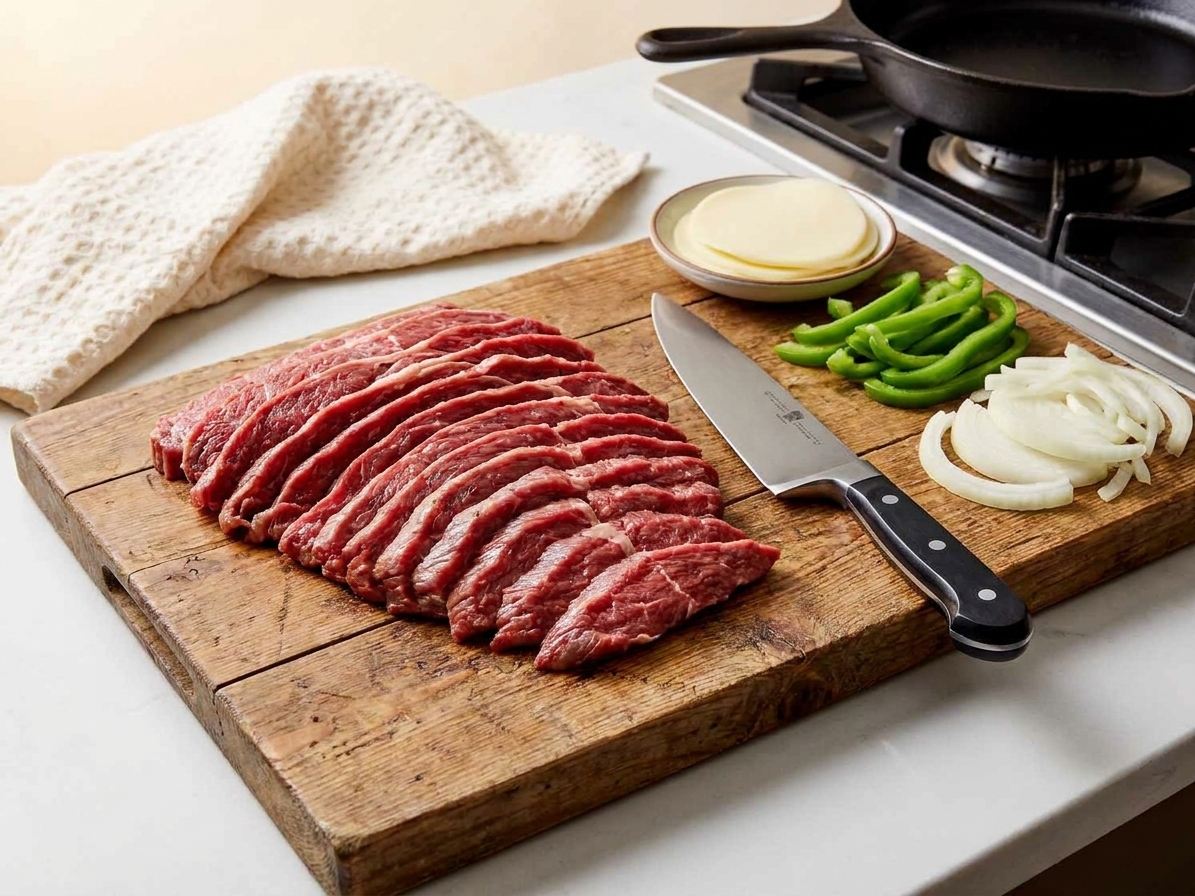 Thinly sliced steak fanned out on a cutting board with a chef's knife nearby, ready for cooking