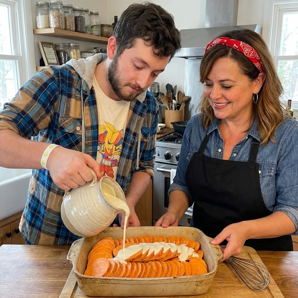 Thinly sliced sweet potatoes fanned in a baking dish with cream being poured over them