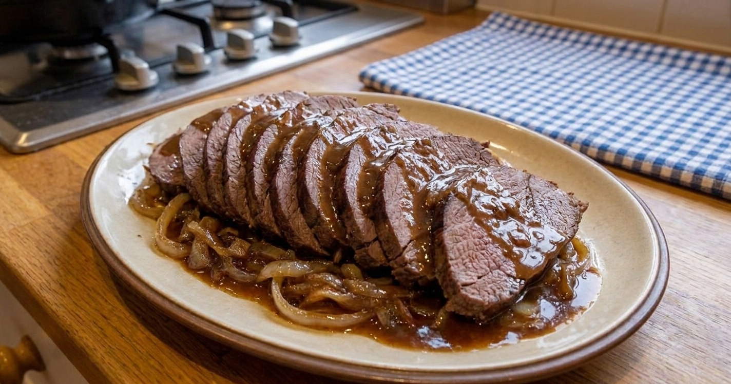 Thinly sliced venison roast arranged on a serving platter with onions and pan gravy spooned over the top on a dining table