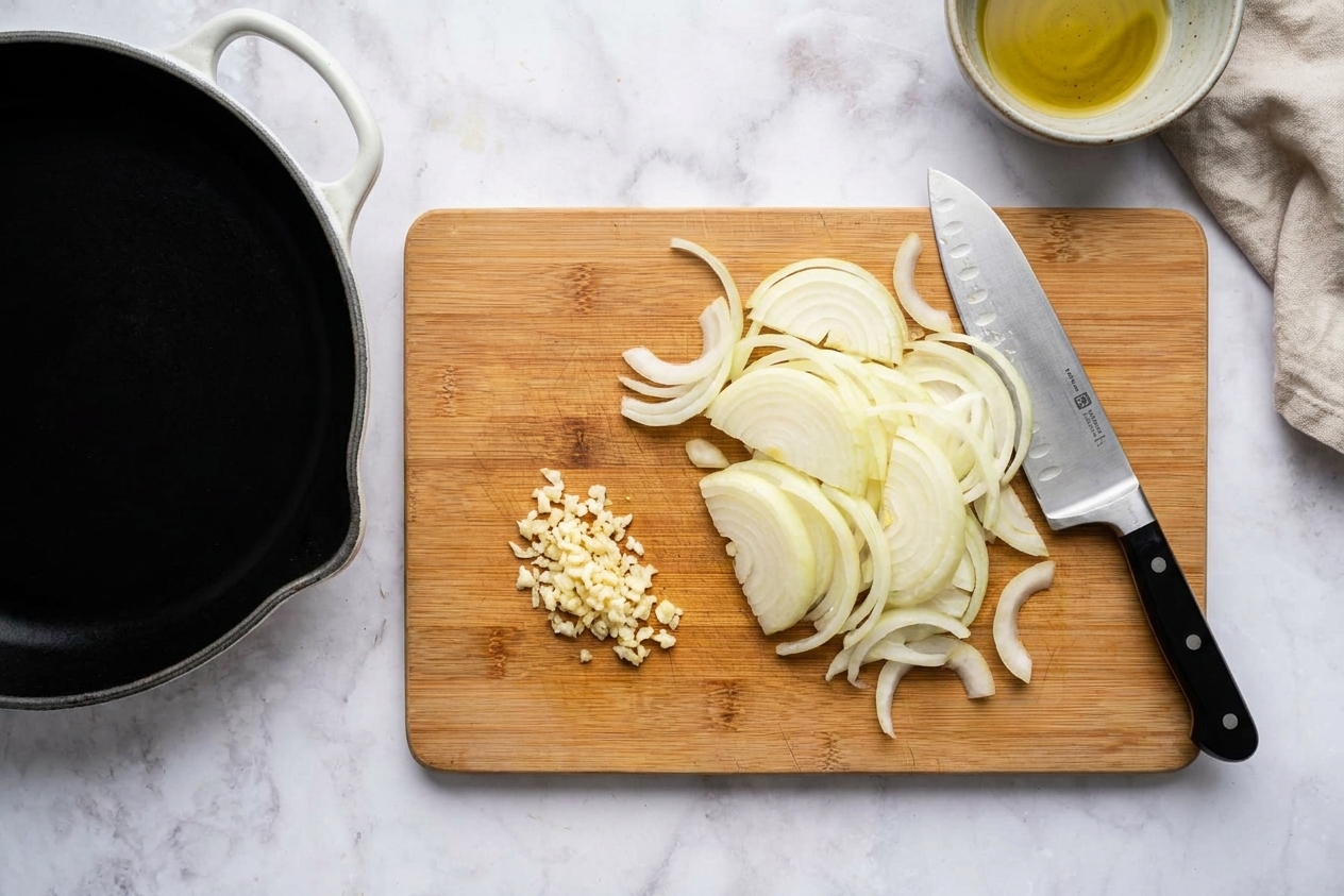 Thinly sliced yellow onion and minced garlic on a cutting board beside a skillet on a home kitchen counter