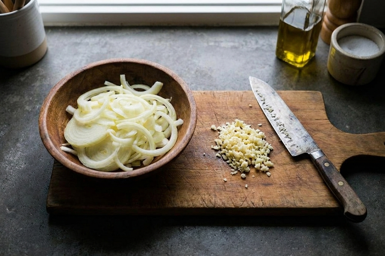 Thinly sliced yellow onions and minced garlic on a wooden cutting board beside a chef's knife on a tidy kitchen counter