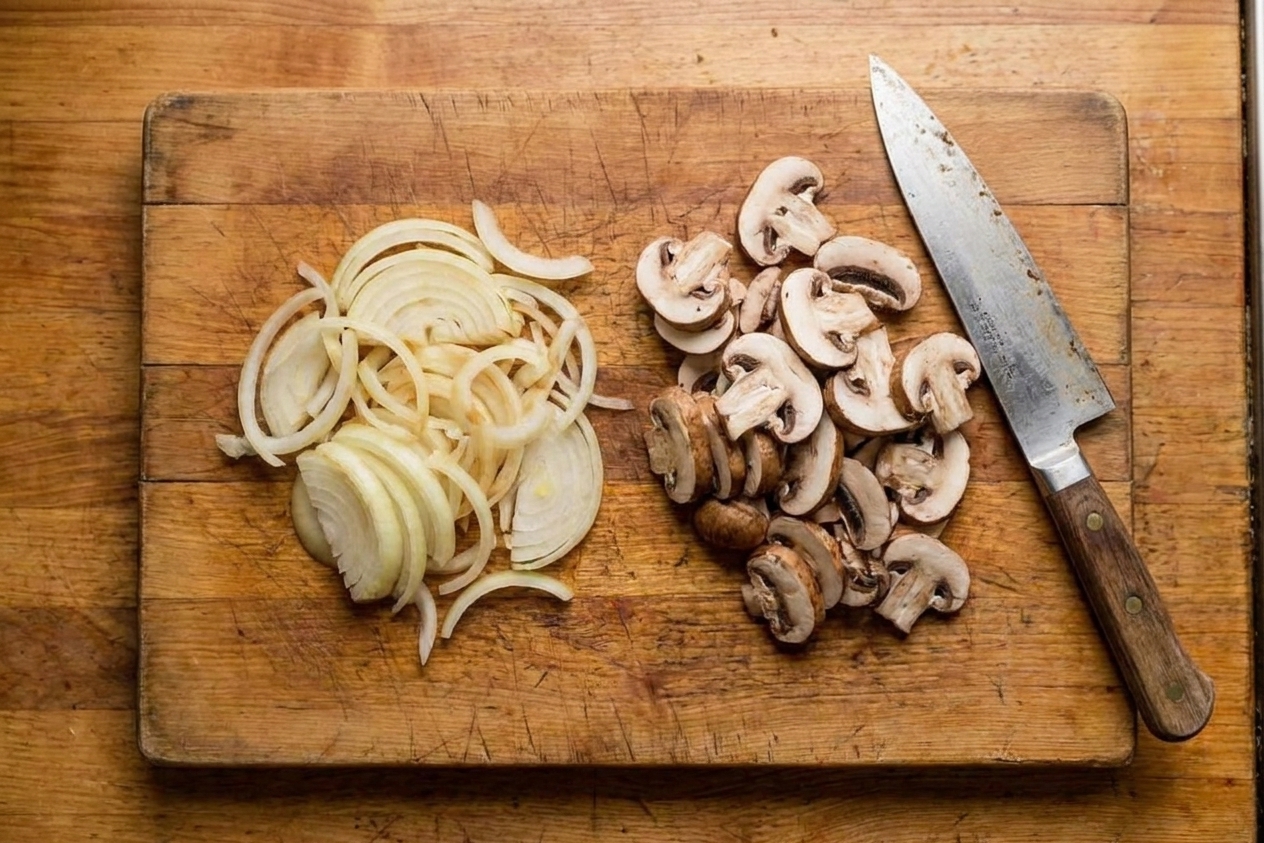 Thinly sliced yellow onions and sliced brown mushrooms on a wooden cutting board with a chef's knife nearby