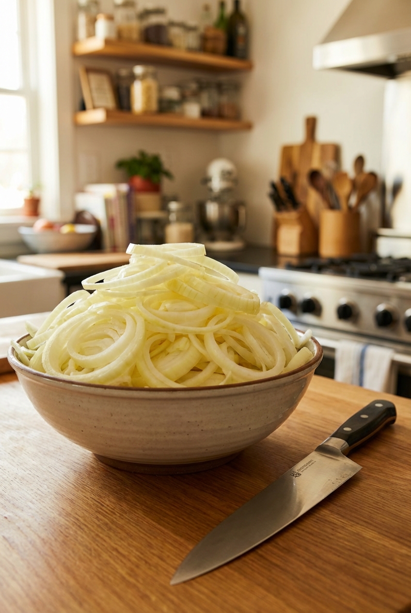 Thinly sliced yellow onions in a large bowl on a kitchen counter with a chef's knife beside it