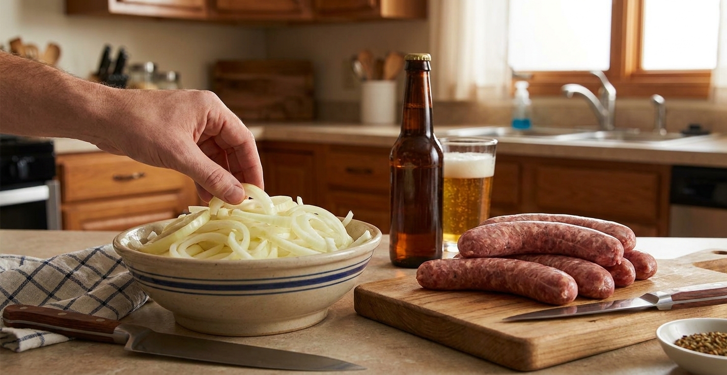 Thinly sliced yellow onions piled in a bowl next to bratwurst and a bottle of beer on a kitchen counter