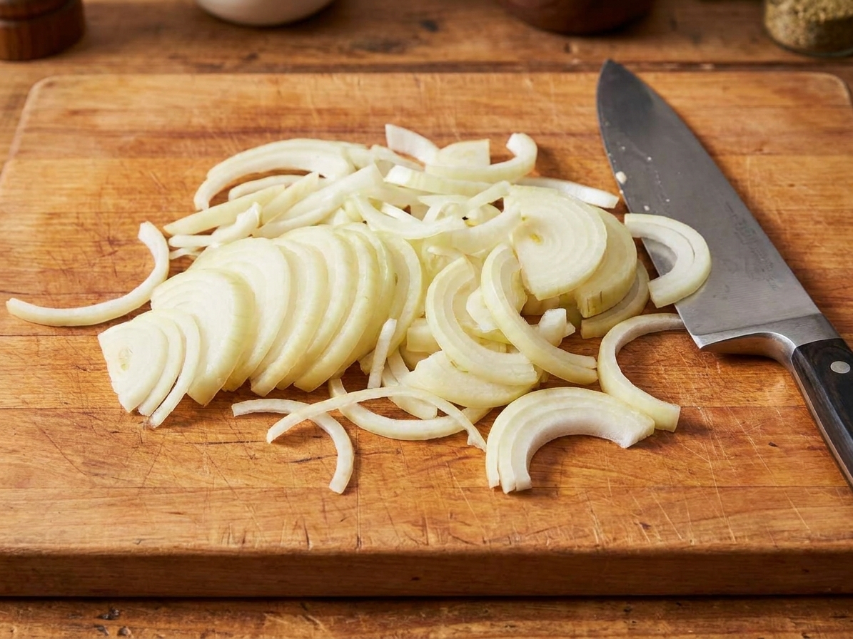 Thinly sliced yellow onions piled on a wooden cutting board next to a chef’s knife