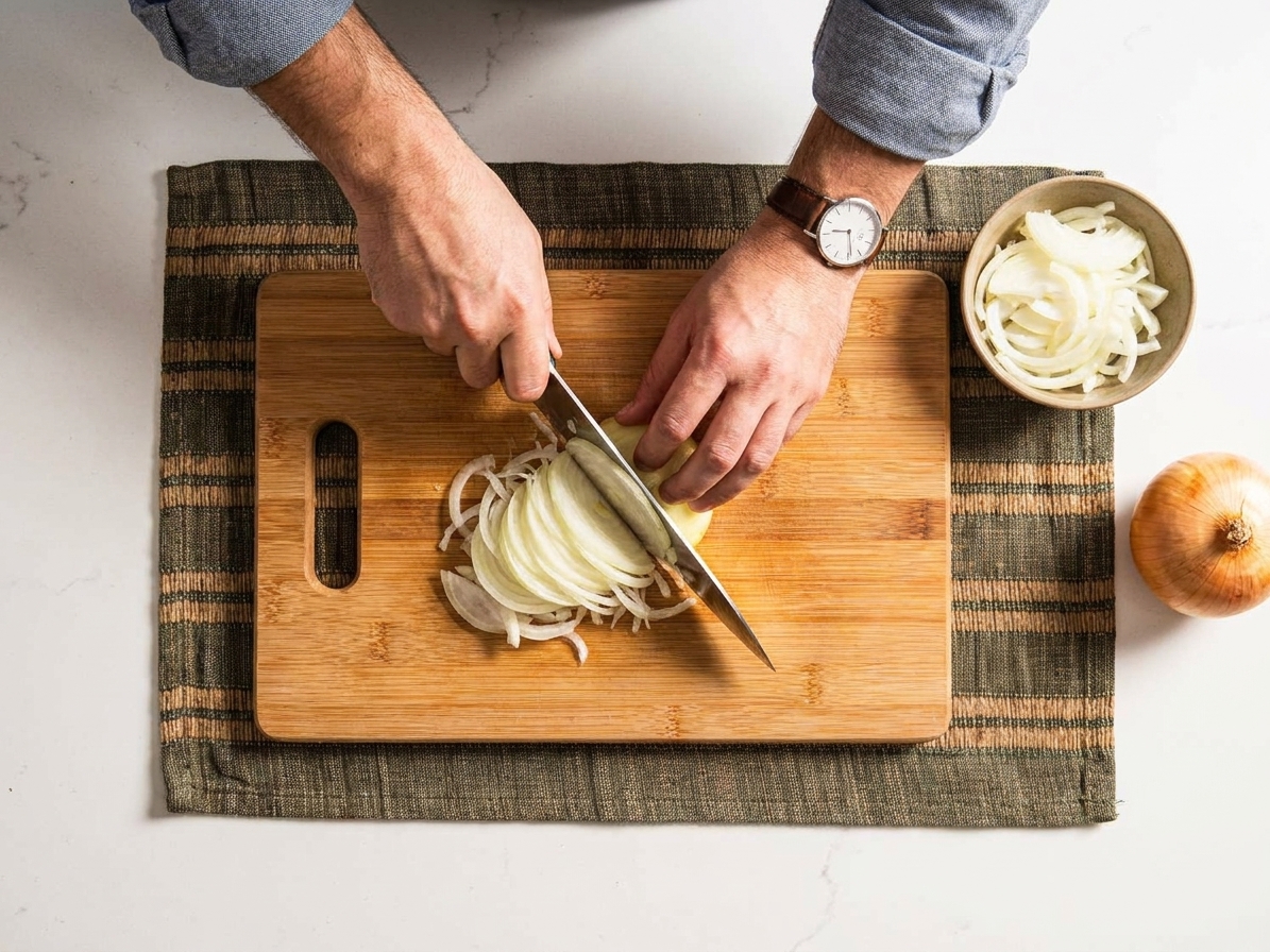 Thinly slicing a yellow onion on a cutting board on a bright kitchen counter