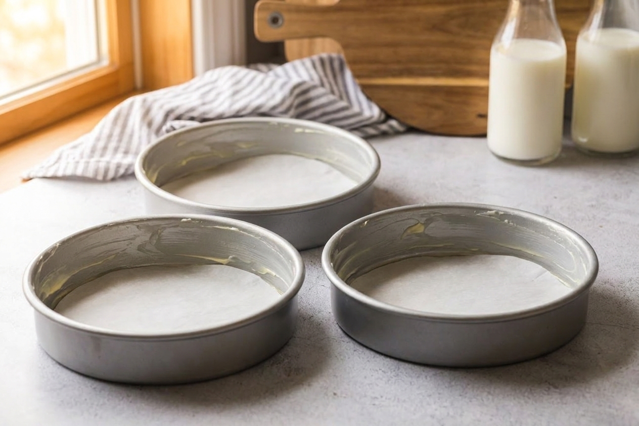 Three 9-inch round cake pans greased and lined with parchment paper rounds on a kitchen counter