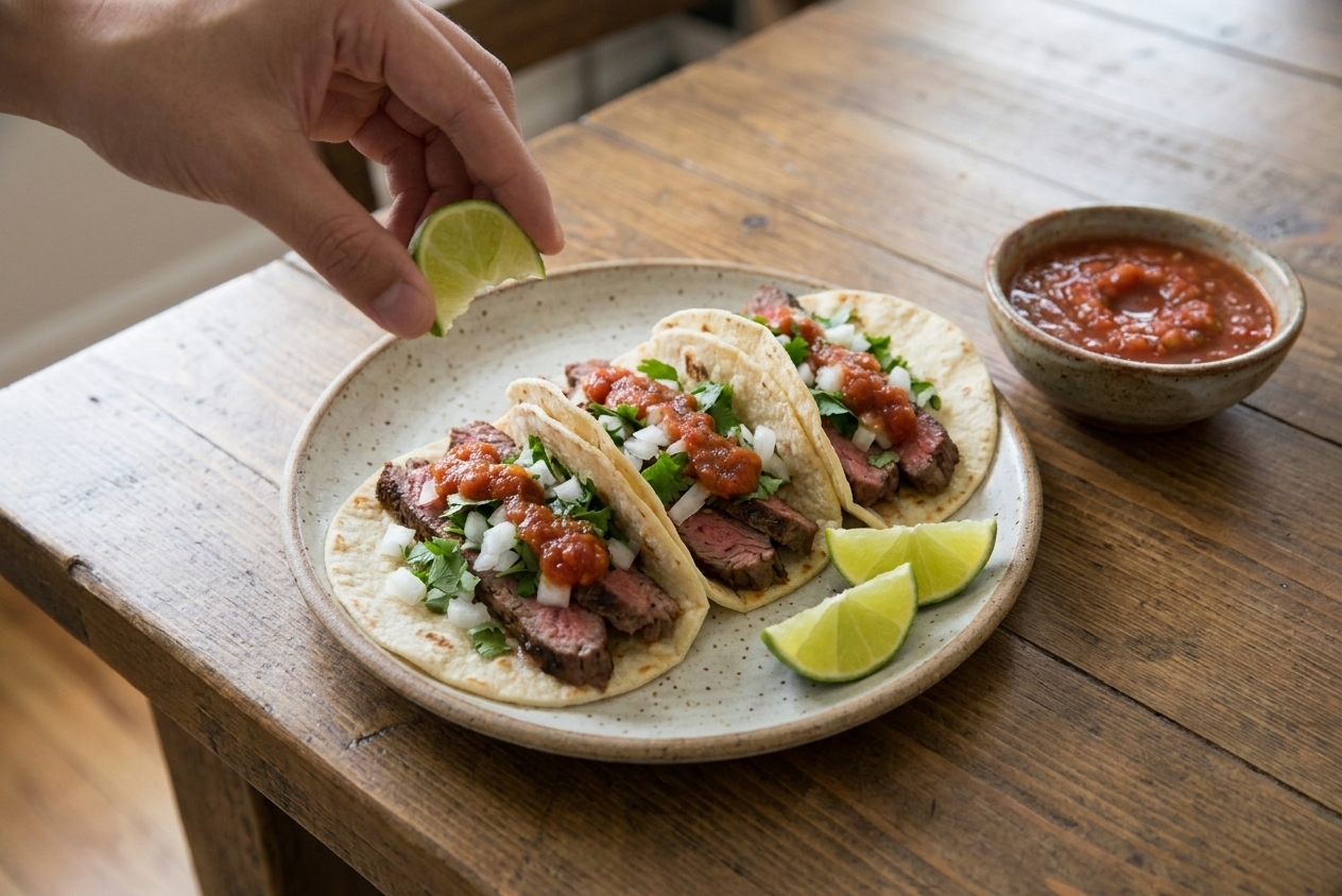Three assembled street tacos on a ceramic plate with lime wedges and a small bowl of salsa on a wooden dining table