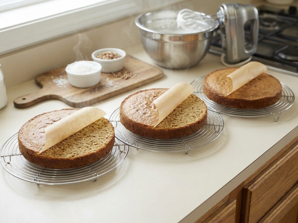 Three baked cake layers on wire racks with parchment rounds peeled back on a kitchen counter