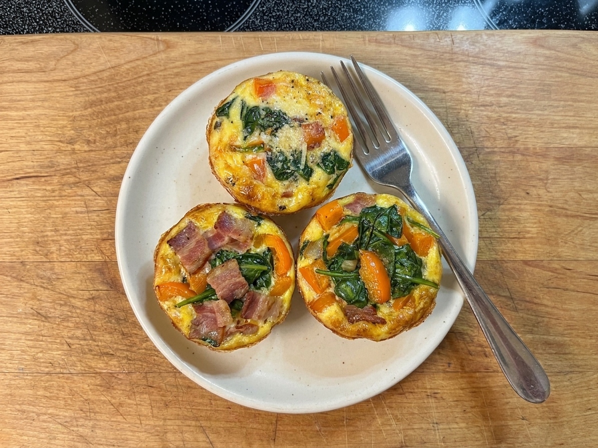Three baked egg cups on a small plate with a fork beside them on a wooden breakfast table