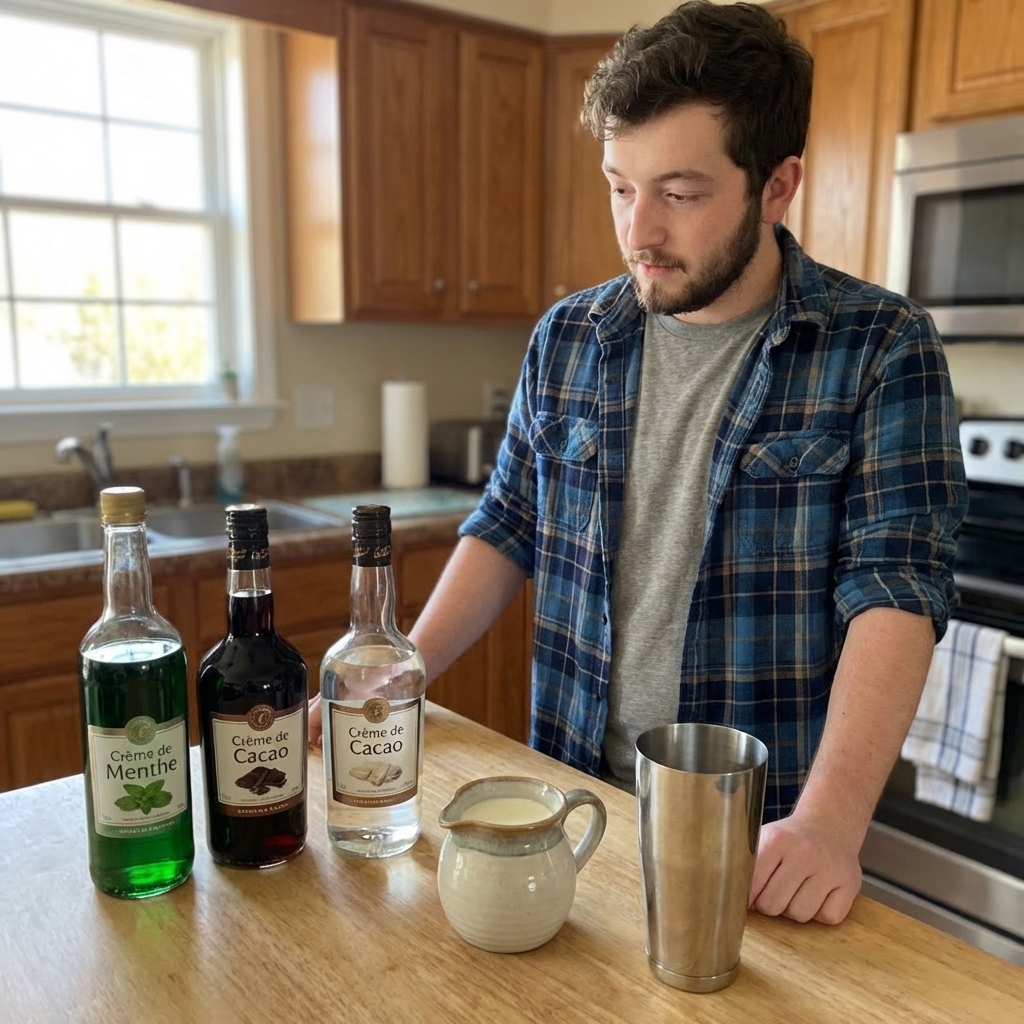 Three bottles labeled creme de menthe and creme de cacao beside a small pitcher of heavy cream and a metal cocktail shaker on a home kitchen counter, real photography