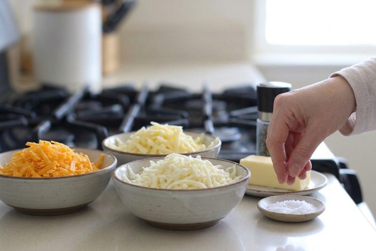 Three bowls of freshly grated cheddar, Monterey Jack, and mozzarella on a kitchen counter next to butter and seasonings