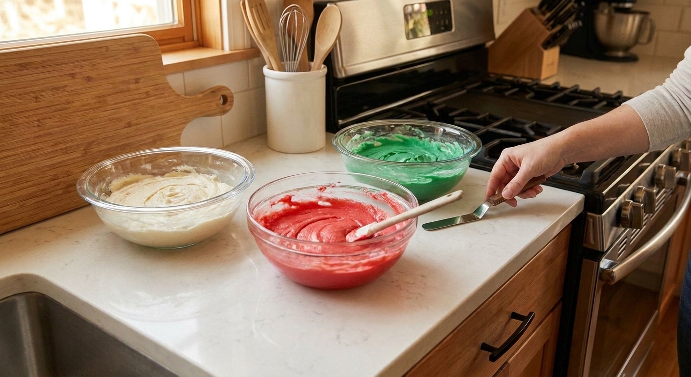 Three bowls of rainbow cookie batter on a kitchen counter, one left plain, one tinted red, and one tinted green, ready to spread into the pan