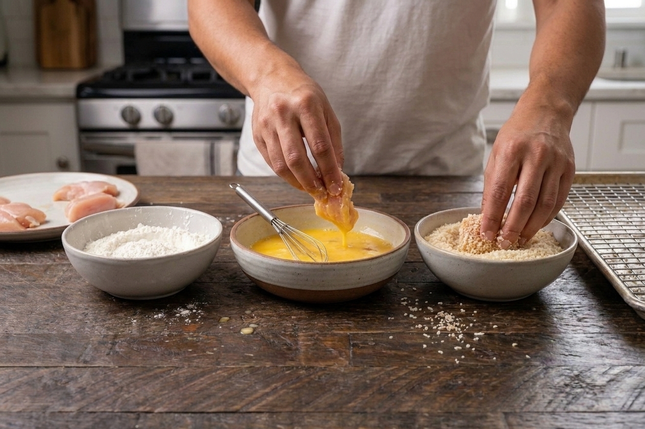Three bowls on a kitchen counter holding cornstarch, beaten eggs, and panko breadcrumbs with chicken pieces being coated by hand